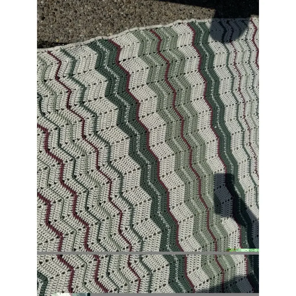 Handmade Crochet Chevron Afghan Blanket Green Burgundy Cream 73x90 Large